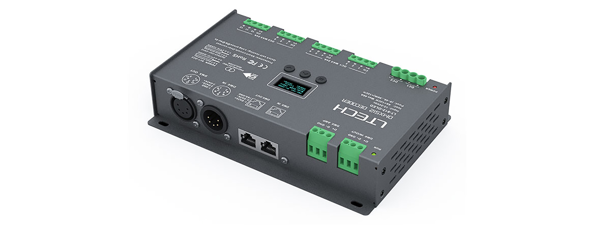 912-OLED  12Ch 4A CV DMX Decoder; 1152W Max.Power; XLR-5 Green Terminal & RJ45 Port; Self testing; DMX512/RDM I/P signal; IP20.